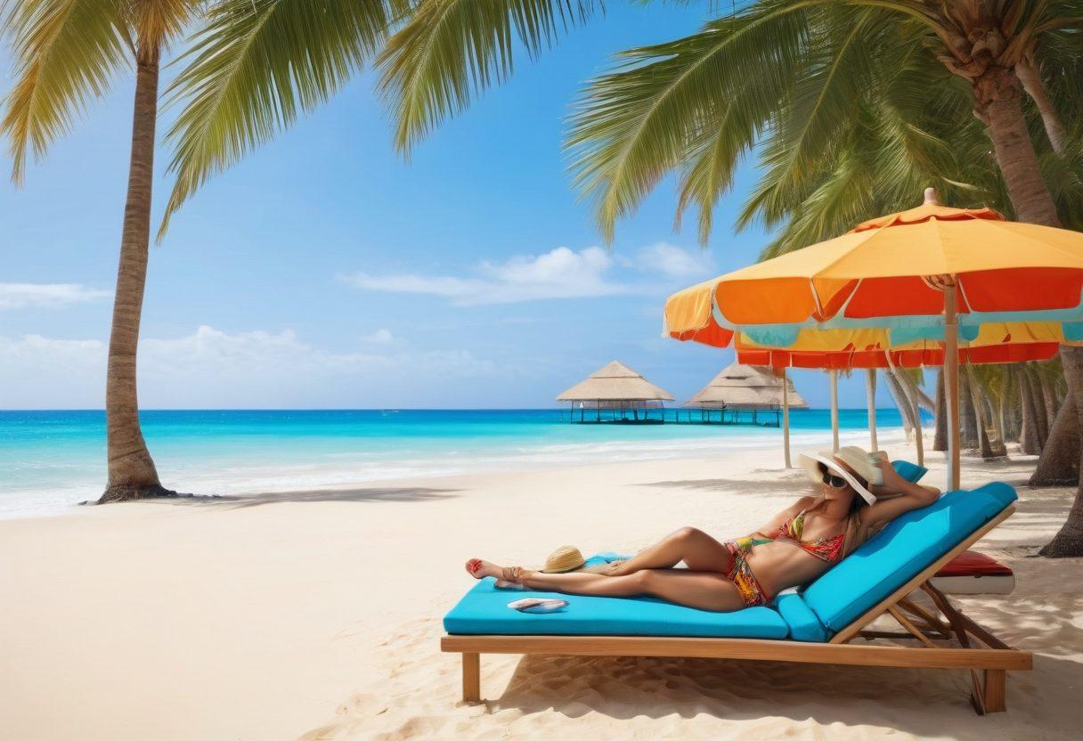 An elegant beach scene showcasing diverse individuals in stylish resort wear, lounging under colorful umbrellas, sipping tropical drinks, and enjoying the sun. Include vibrant swimwear, trendy hats, and fashionable sunglasses, with a backdrop of soft sands, azure ocean waves, and palm trees swaying gently. Capture the essence of relaxation and fashion in a lively summer atmosphere. super-realistic. vibrant colors. tropical theme.